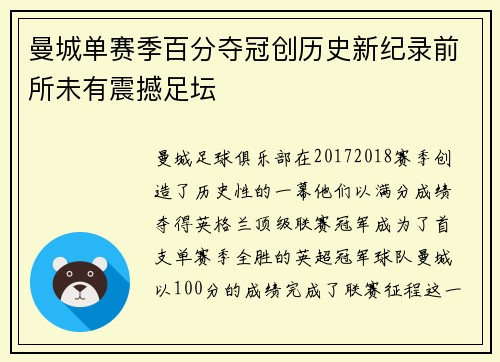 曼城单赛季百分夺冠创历史新纪录前所未有震撼足坛