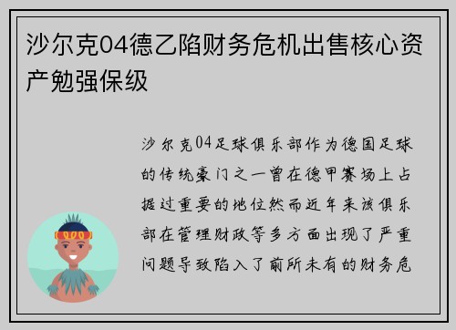 沙尔克04德乙陷财务危机出售核心资产勉强保级